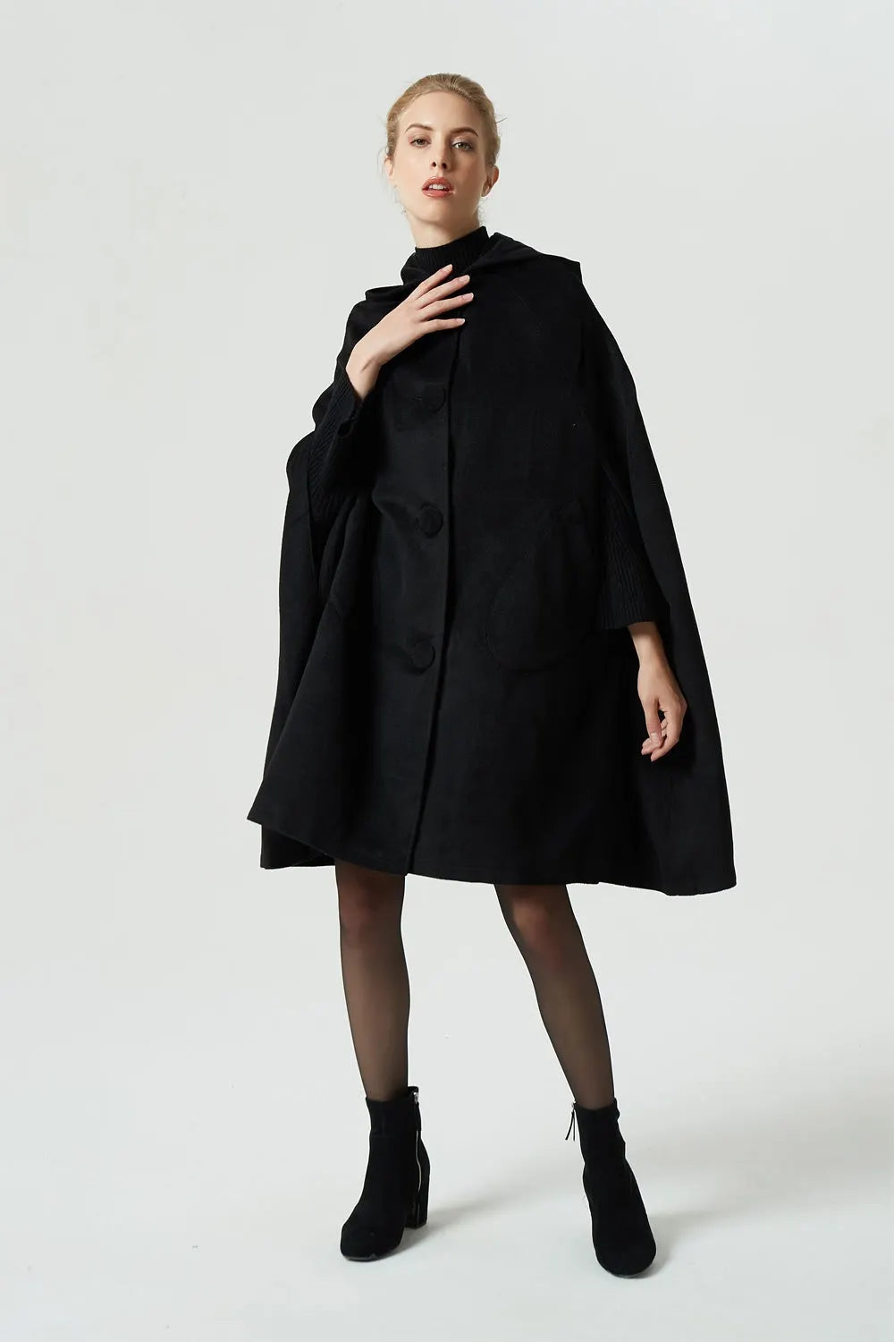 Black Wool Cape Coat - Vintage Hooded Flowing Silhouette 1952