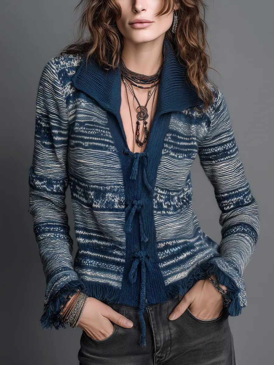 Artisan Navy Blue Tie-Front Patterned Knit Cardigan