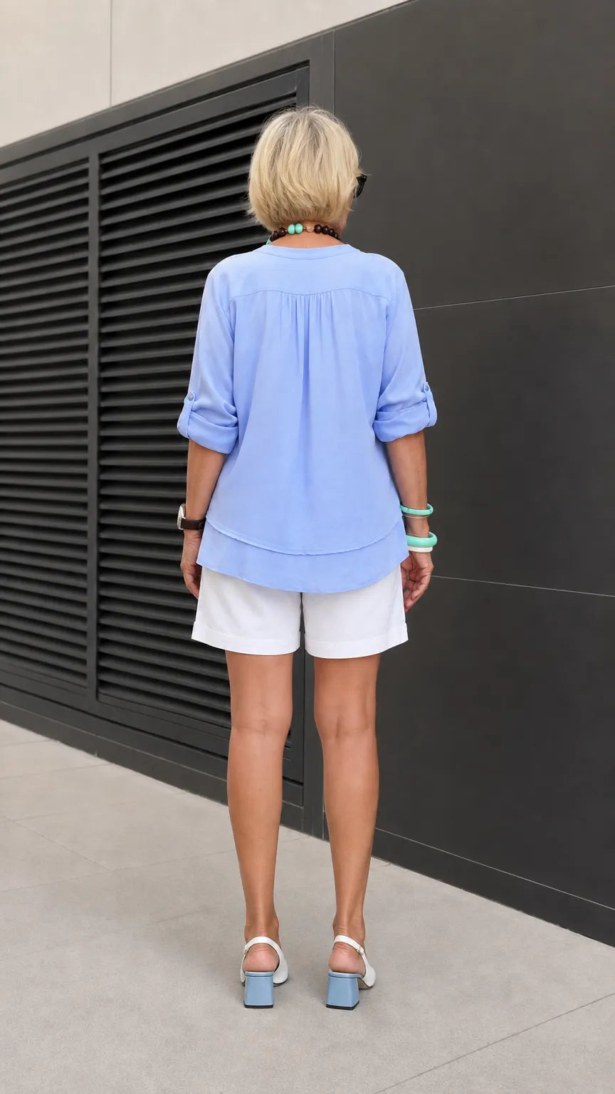 Women's Pleated Split Neck Tunic Blouse with Tiered Hem