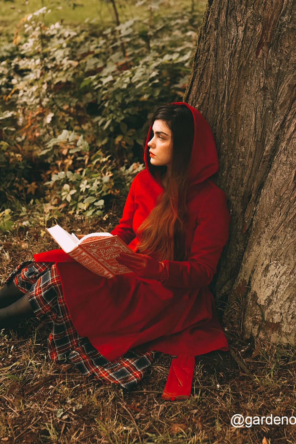 Red Wool Midi Coat - Hooded Empire Waist Swing Silhouette 2415