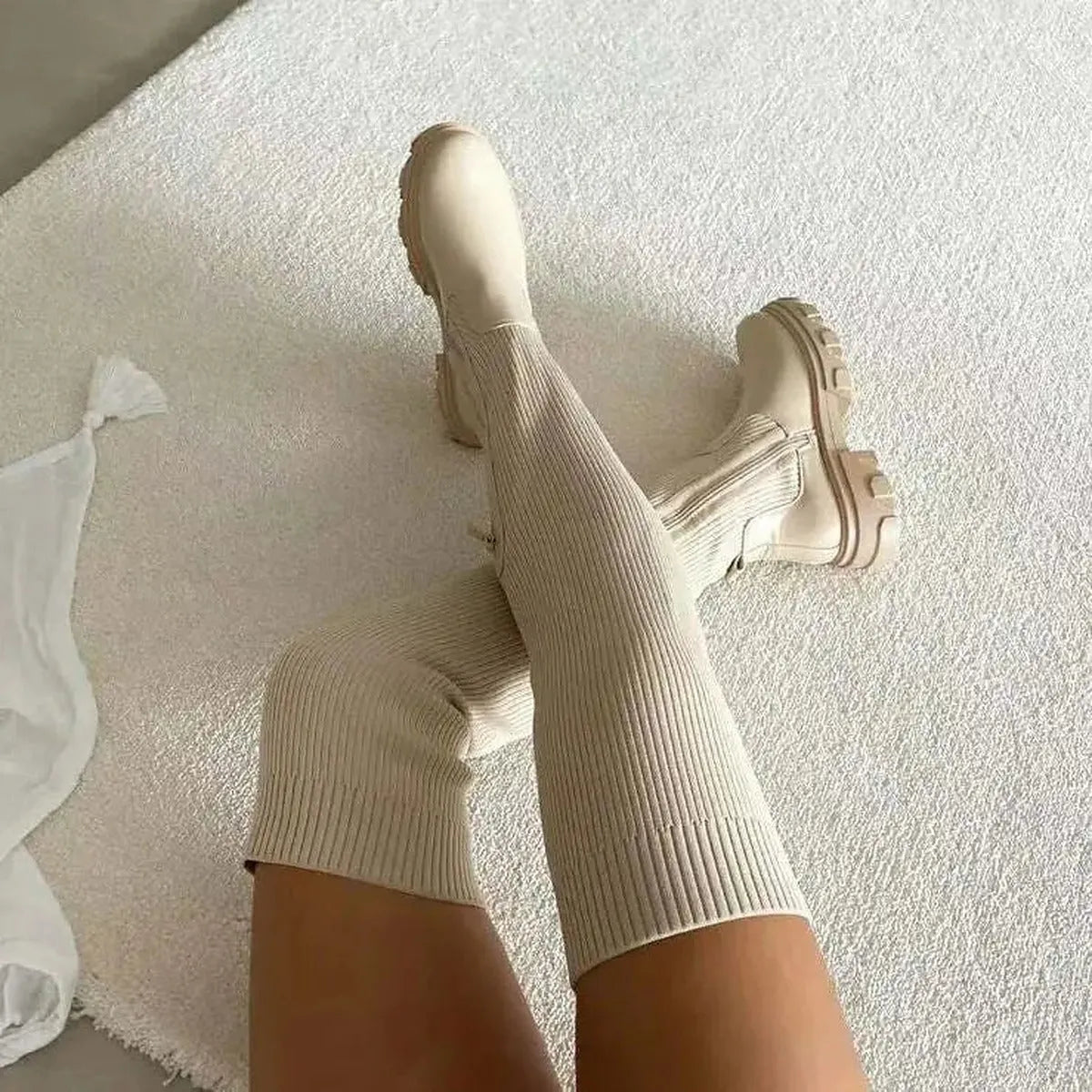 Women's Knee-High Boots with Elastic Knitted Shaft
