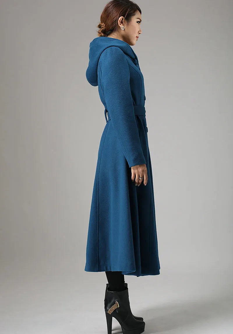 Vintage Teal Blue Wool Coat – Handmade Hooded Belted Winter Overcoat 