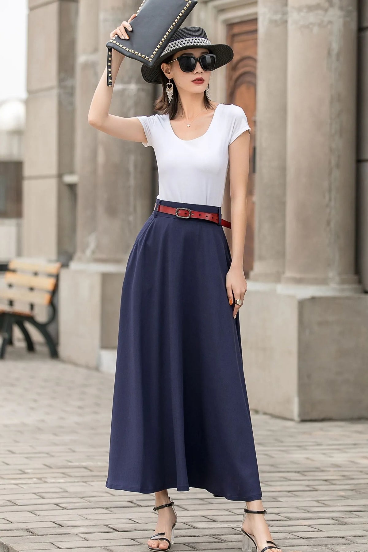 Navy Blue Linen Cotton Maxi Skirt – Minimalist A-Line Long Skirt with Pockets 2716