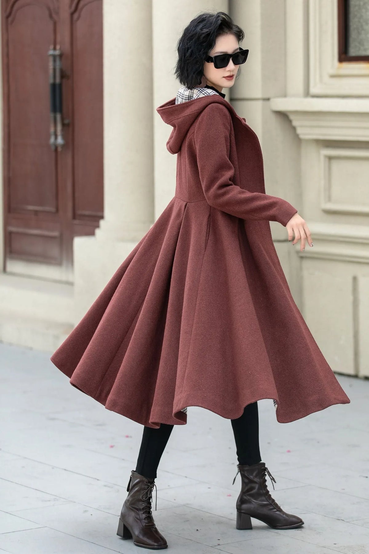 Rust Wool A Line Winter Coat - Hooded Swing Silhouette 5347