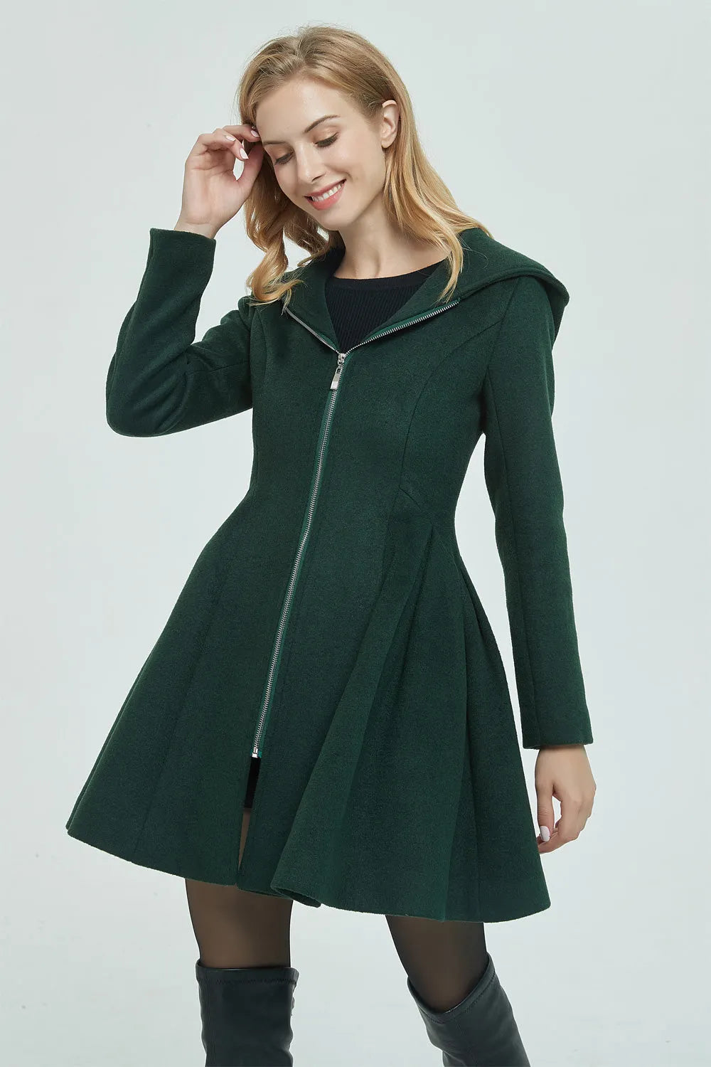 Green Wool Coat - Hooded, Short Length with Front Zipper 1948