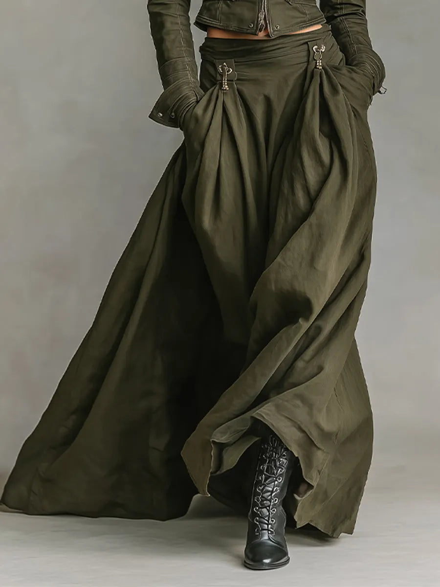 Women's Green Edgy 100% Cotton Zip - Front Cropped Jacket And Maxi Skirt Set 