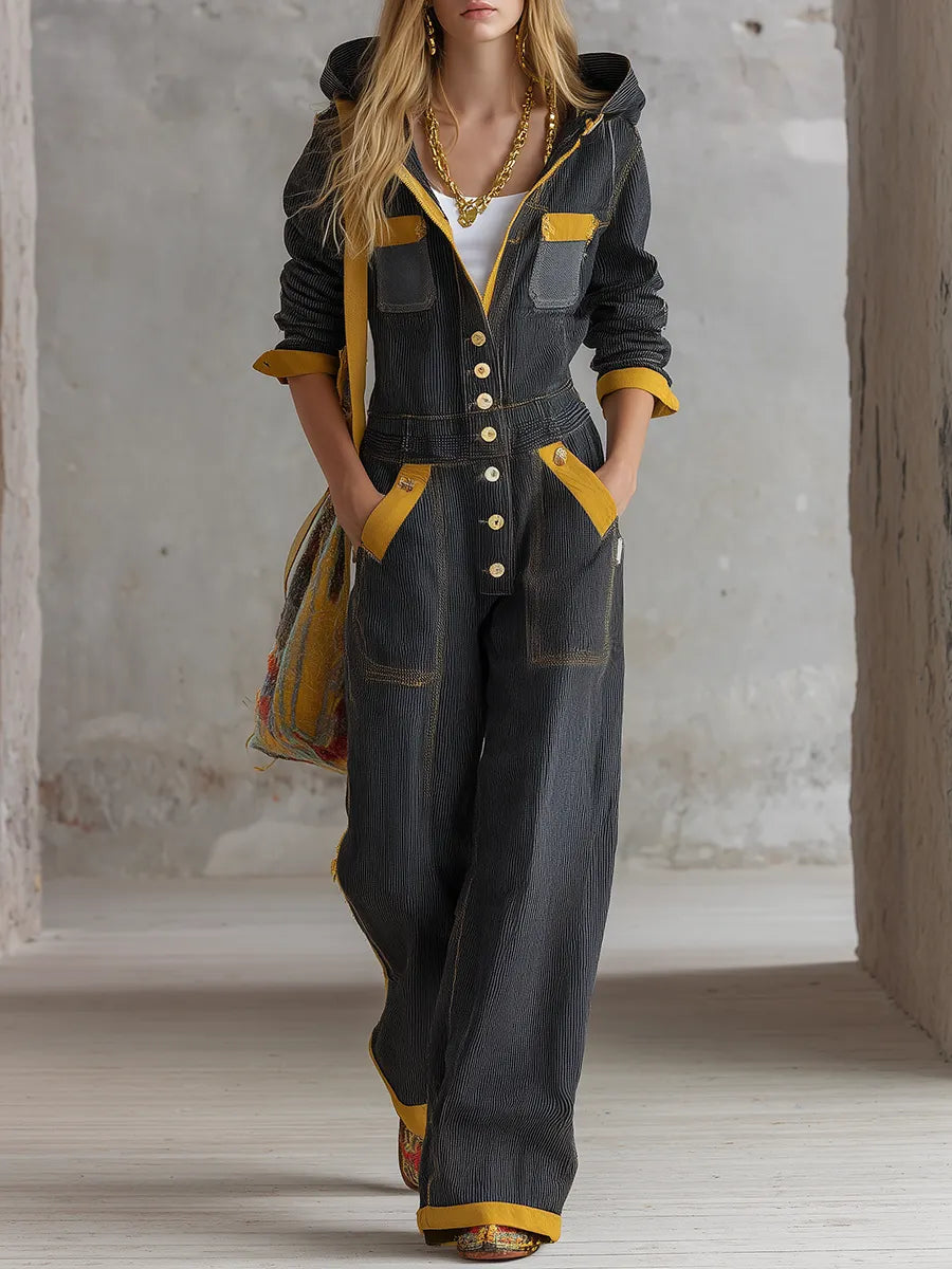 Contrast Trim Wide Leg Romper Blue Hooded Utility Jumpsuit