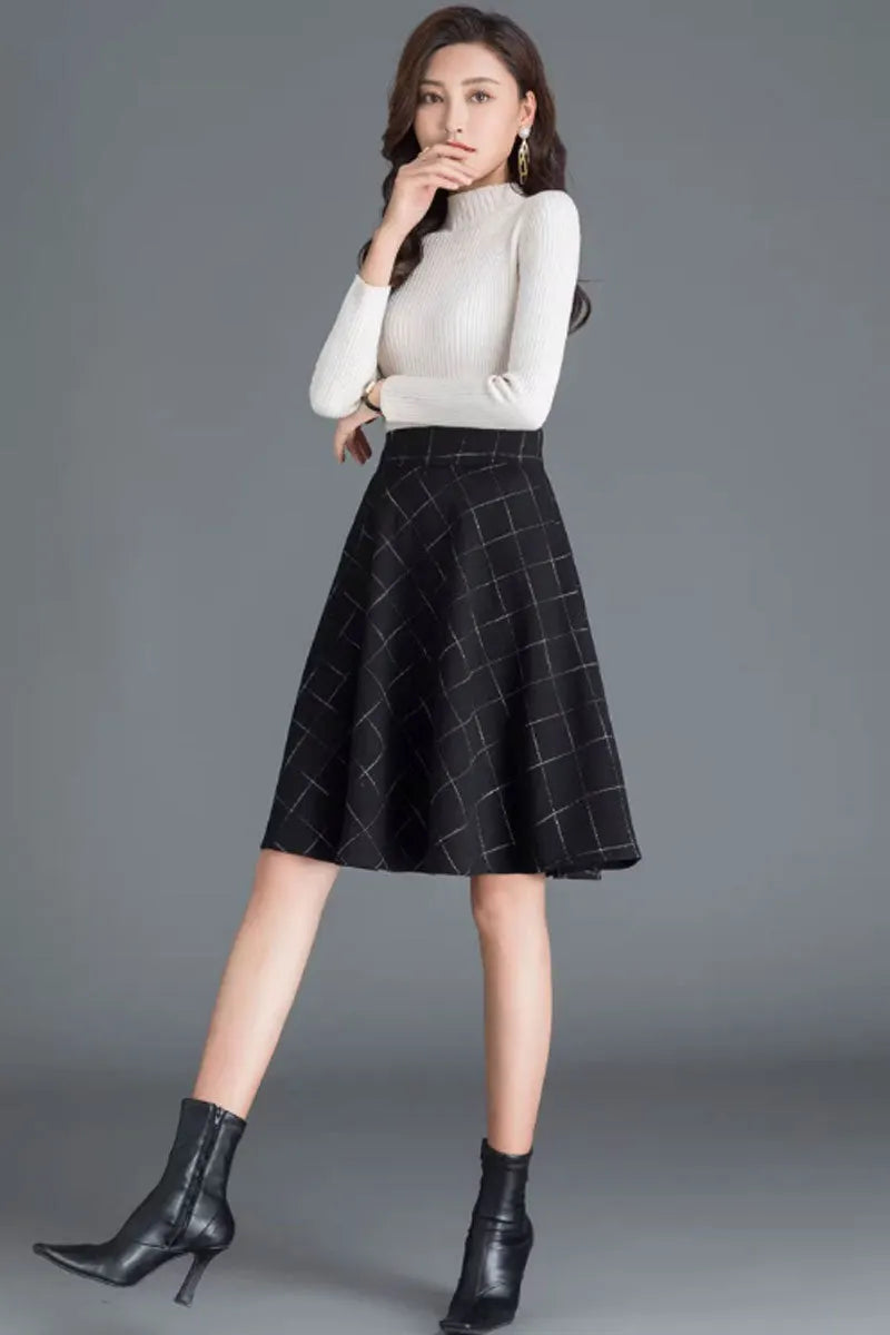 Black Wool Skater Skirt - Elegant A-Line Winter Essential 4655-4
