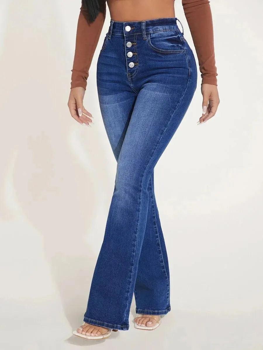 Stretch Slim Flare Button Fly High Waist Full Length Vintage Jean