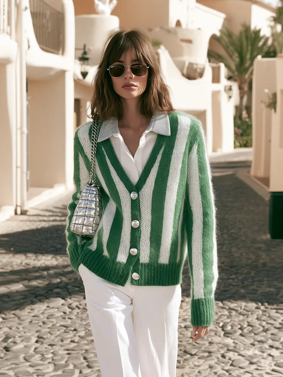 Chic Vacation-style Green And White Striped Mohair Cardigan