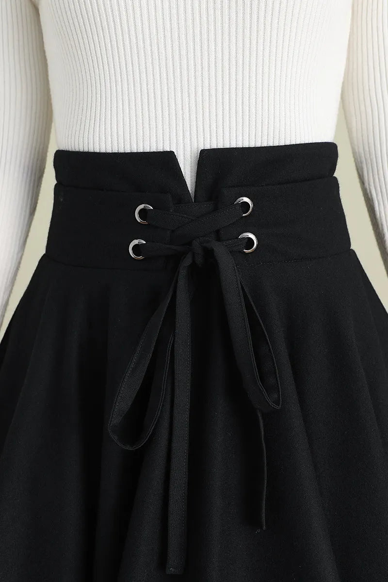 Black Wool Midi Skirt - High Waist Circle Swing 