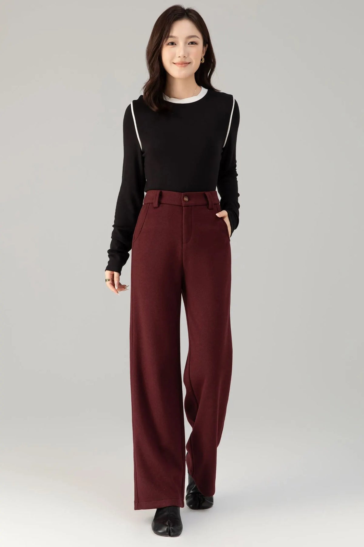 Burgundy Wool Wide Leg Pants - Loose Fitting Casual Winter 6465