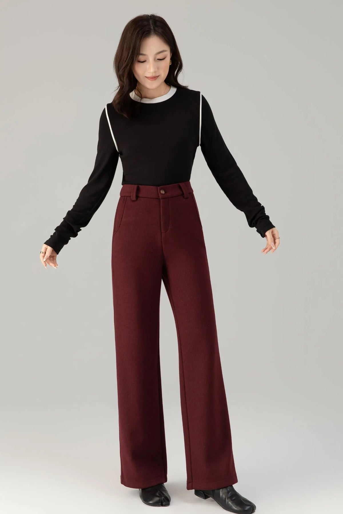 Burgundy Wool Wide Leg Pants - Loose Fitting Casual Winter 6465