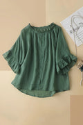 Green Linen Button-Up Top - Half Sleeve V-Neck 