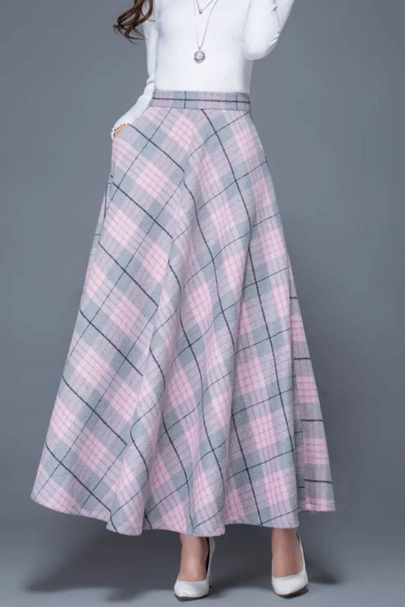 Plaid Wool Blend Maxi Skirt - A-Line Warm Winter Elegance 4649