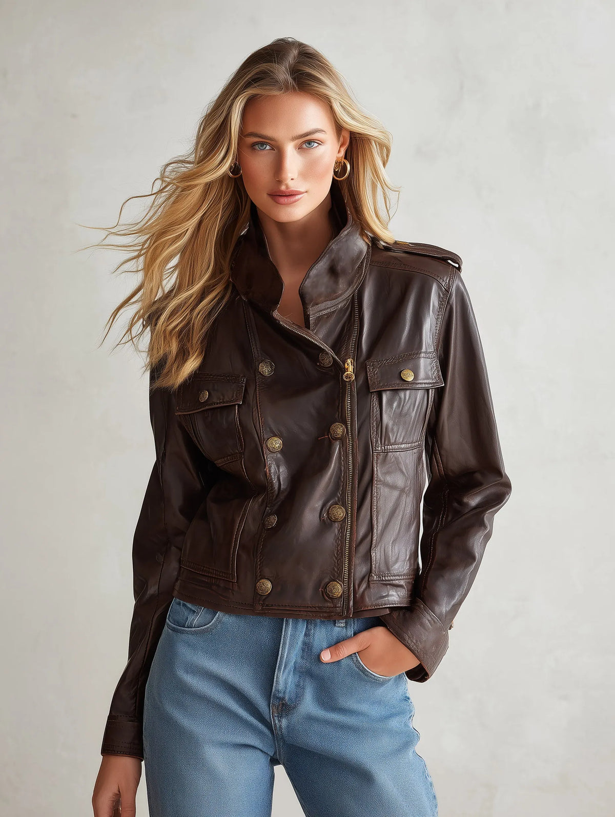 Stylish Urban Brown Stand-collar Zip-up PU Jacket