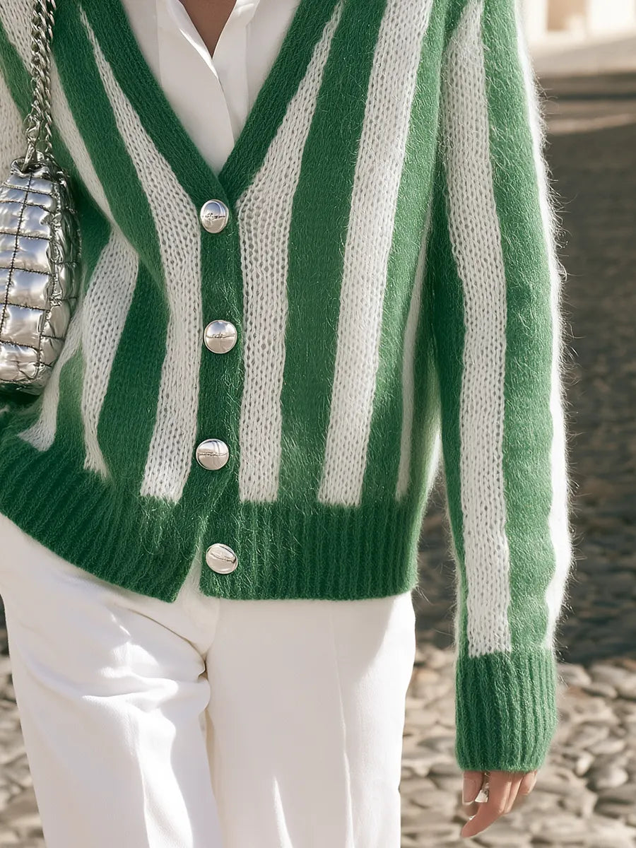 Chic Vacation-style Green And White Striped Mohair Cardigan
