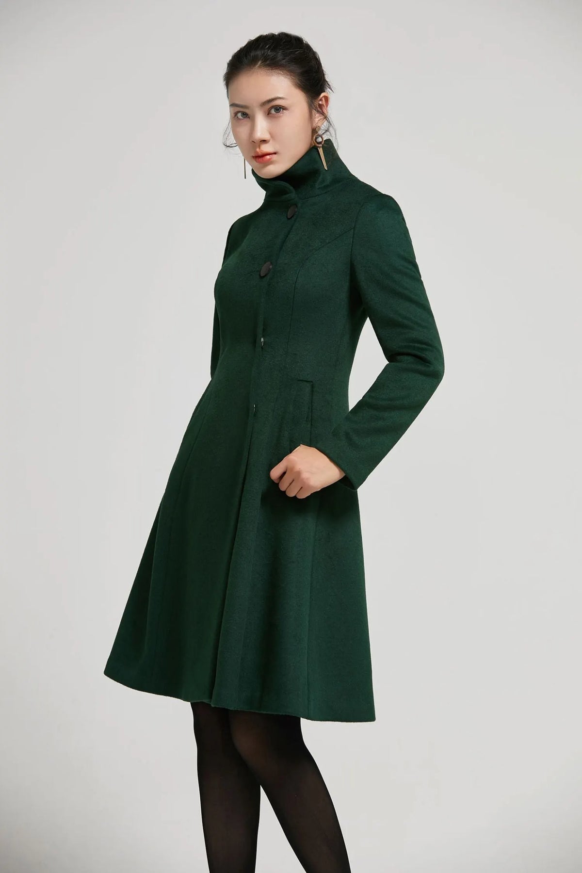 Emerald Green Wool A-Line Winter Coat - Vintage Stand Collar 2313