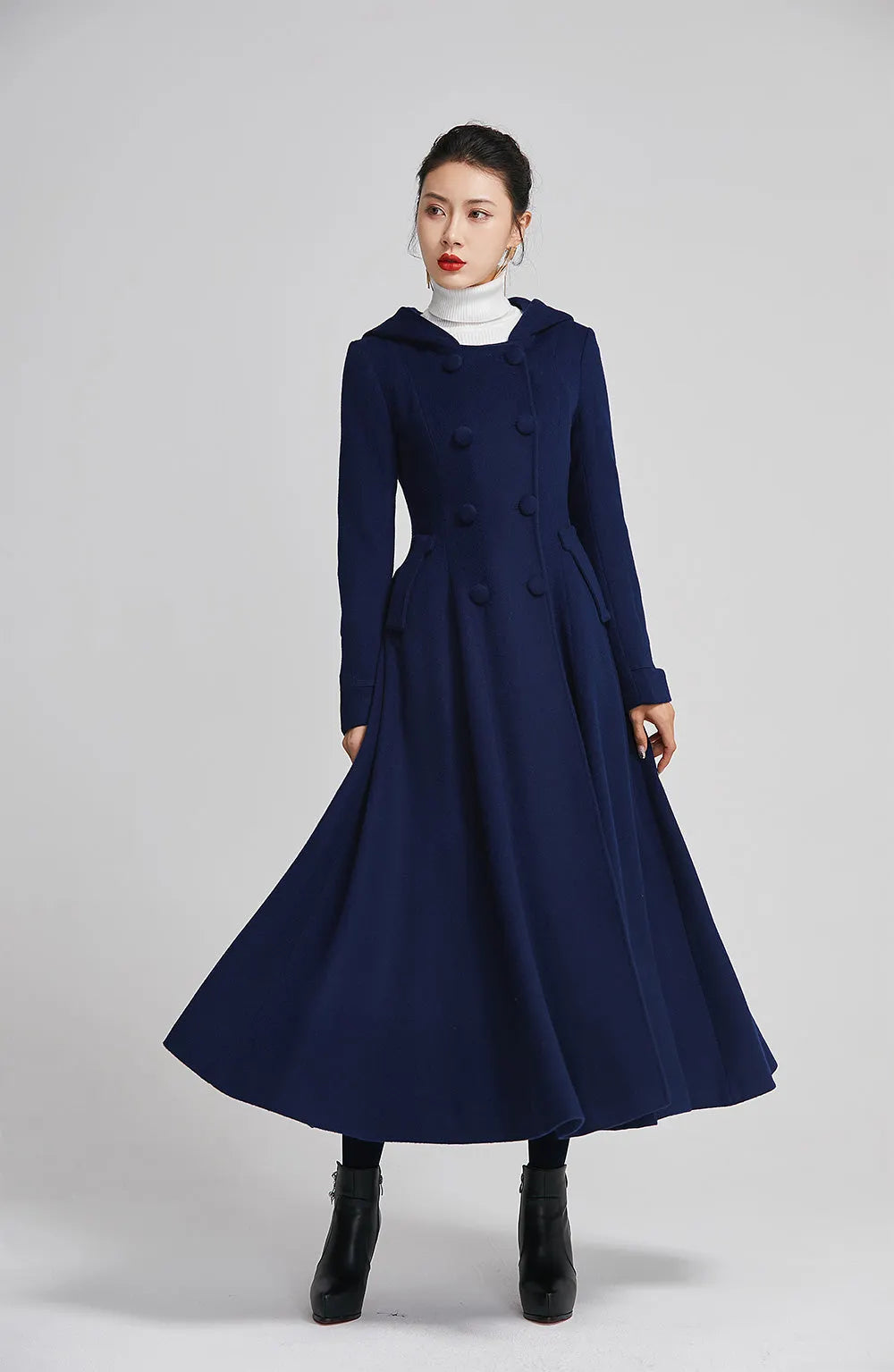 Blue Wool Coat - Double Breasted, Flared Winter Elegance 2250