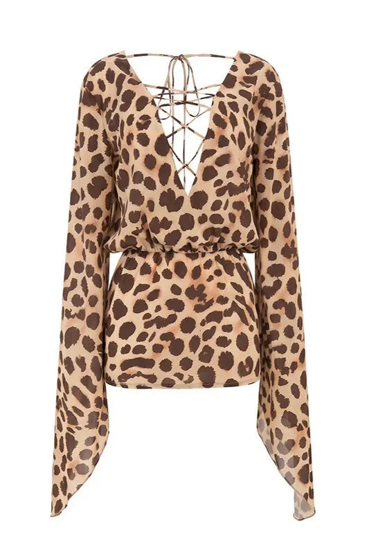 Leopard V Tie Wide Sleeve Flowy Mini Dress