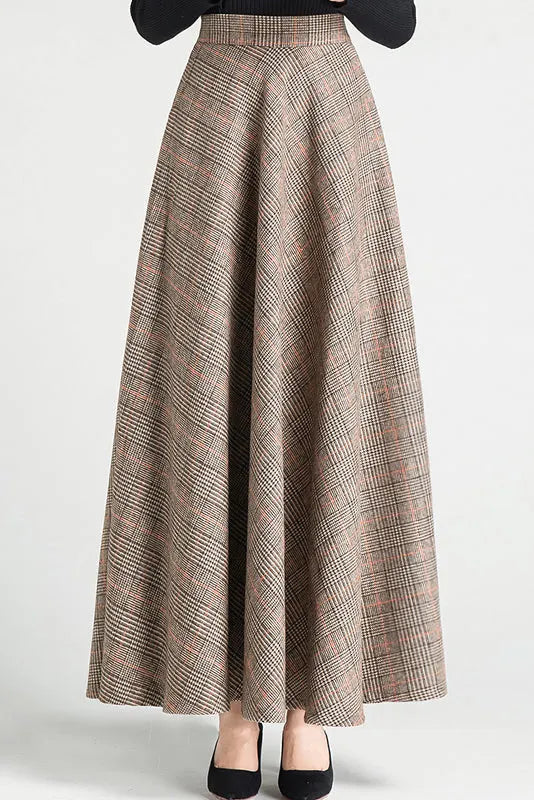 Plaid Wool Maxi Skirt - Swing Silhouette with Belt Loops 3794