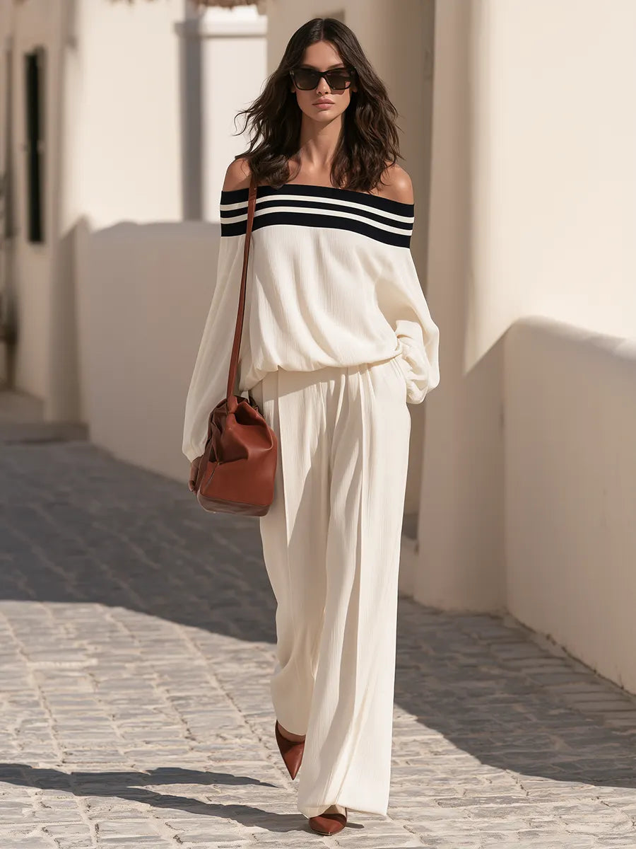 Vacation-style Black And White Striped Off-shoulder Top And Wide-leg Pants Set