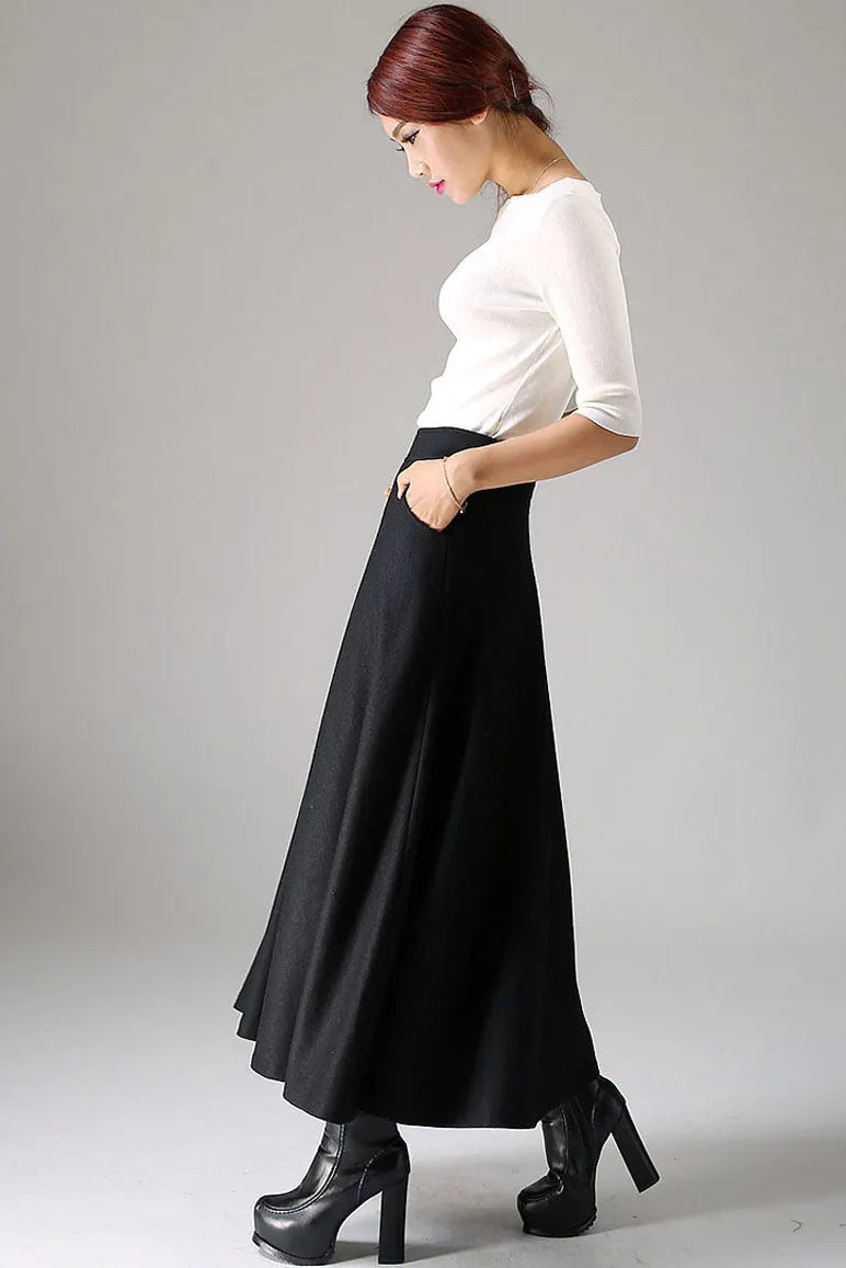 Black Wool Maxi Skirt Women – High Waist A-Line Long Winter Skirt with Pockets 1088