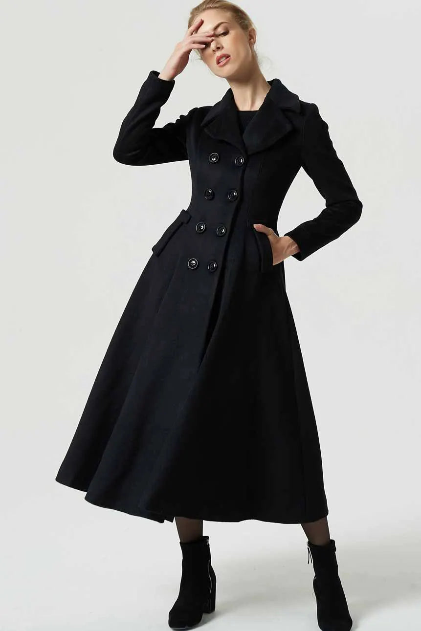 Black Wool Coat – Elegant Double Breasted Long Winter Overcoat  1968