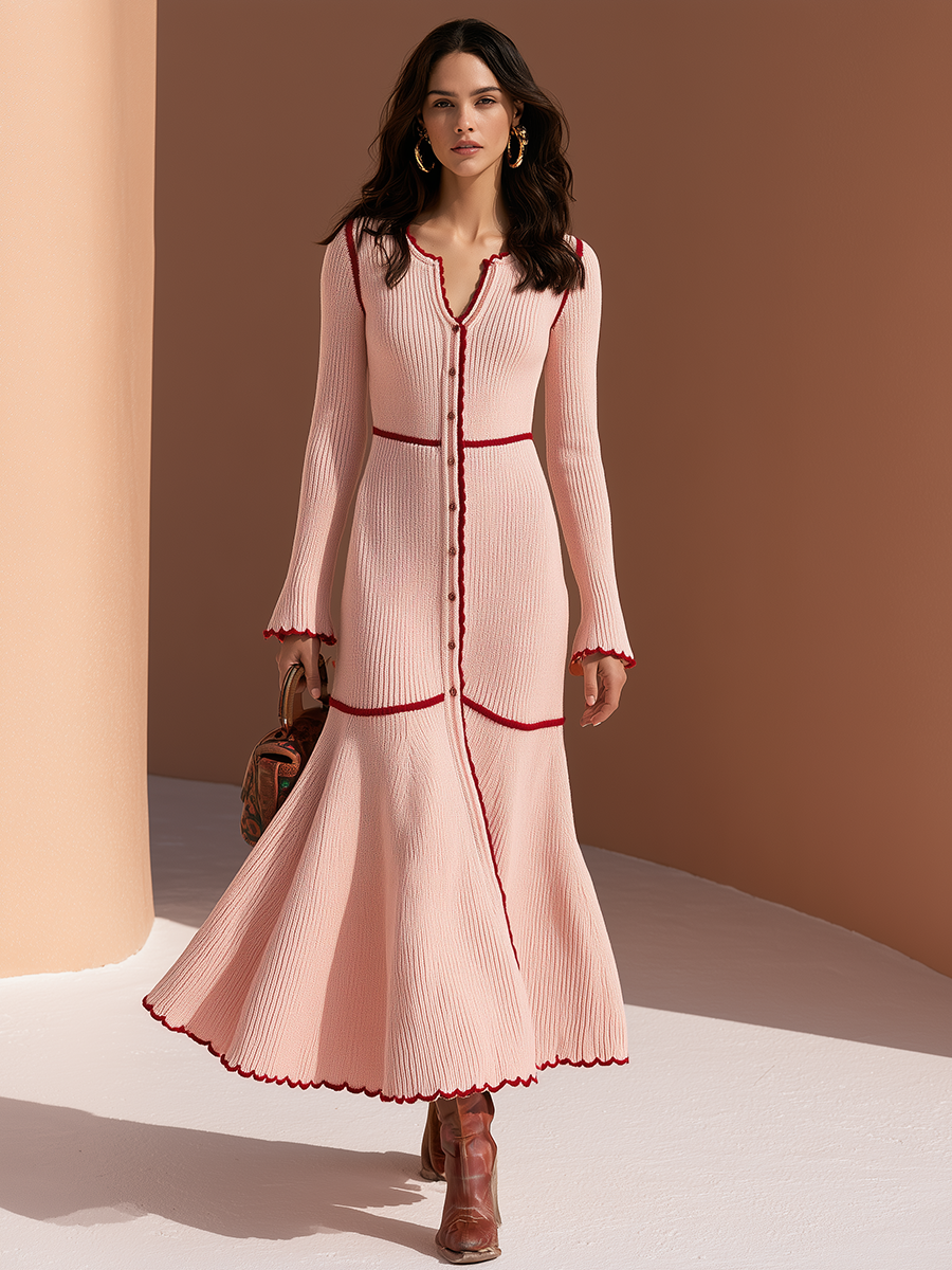 Old Money Vacation Contrast Trim Pink Knitted Maxi Dress