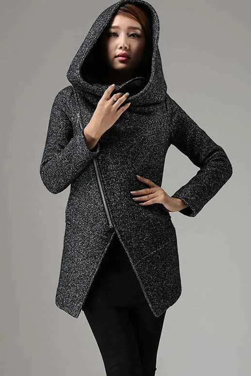 Charcoal Black Biker Wool Coat – Cowl Neck Hooded Winter Jacket 