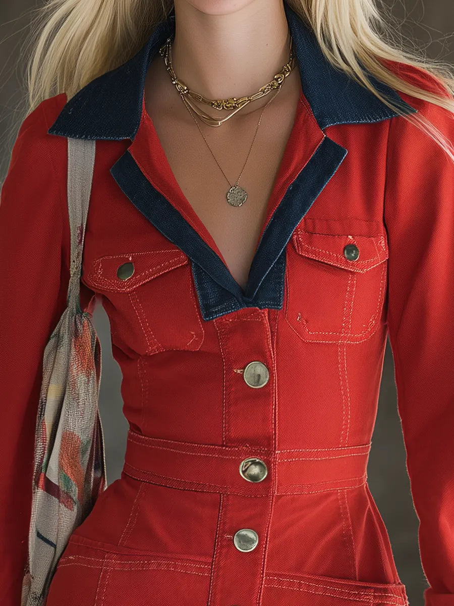 Red Denim Mini Dress Button Front Contrast Collar Jacket Dress