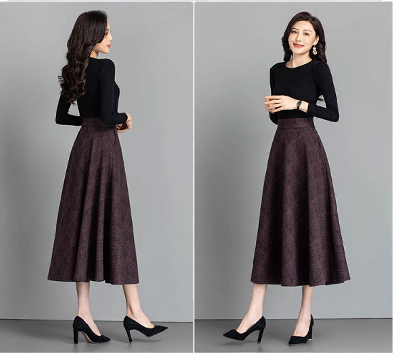 Burgundy Wool Midi Skirt - Vintage A-Line Silhouette 4641-4