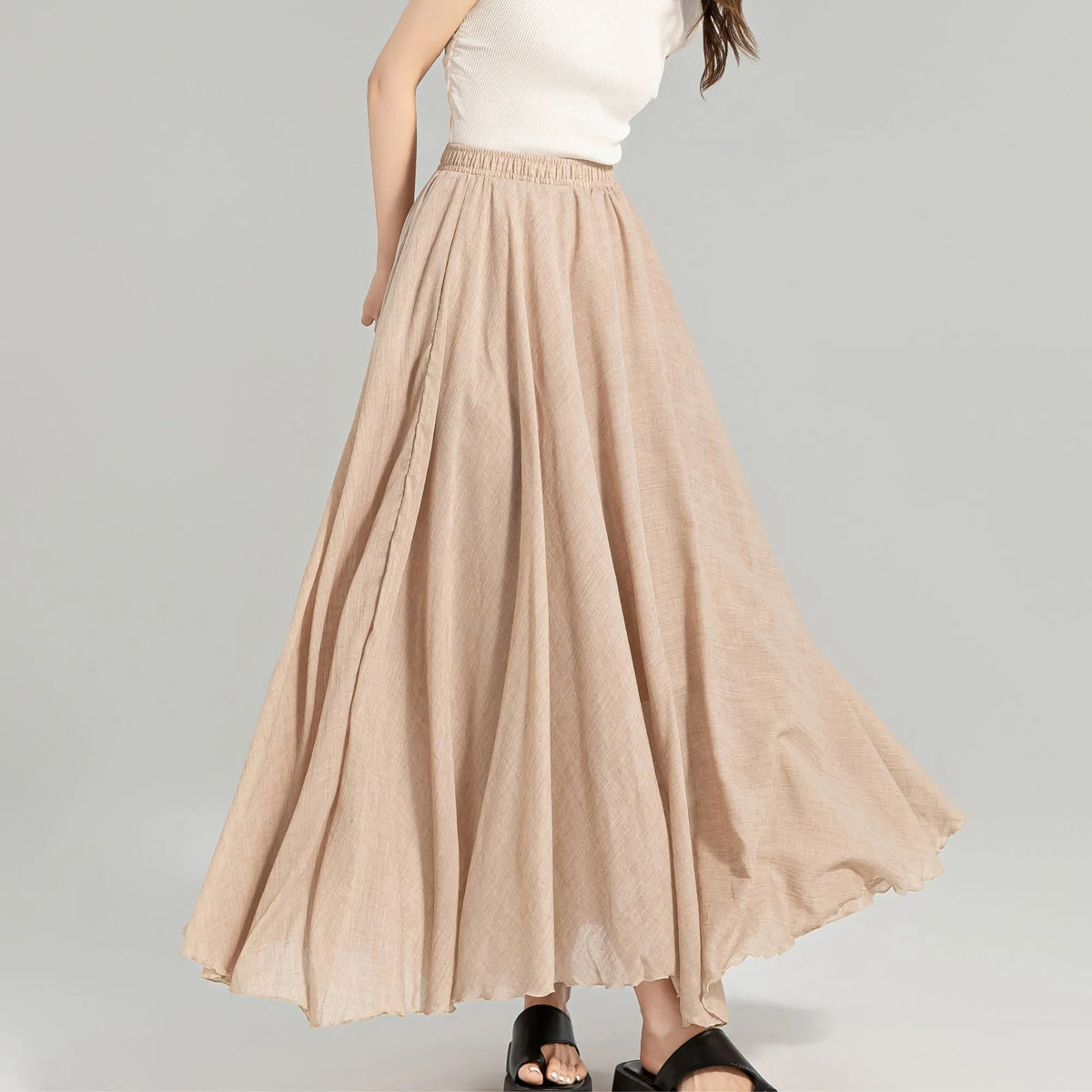 Beige Linen Maxi Skirt - Flowy Circle Silhouette with Elastic Waistband 4959
