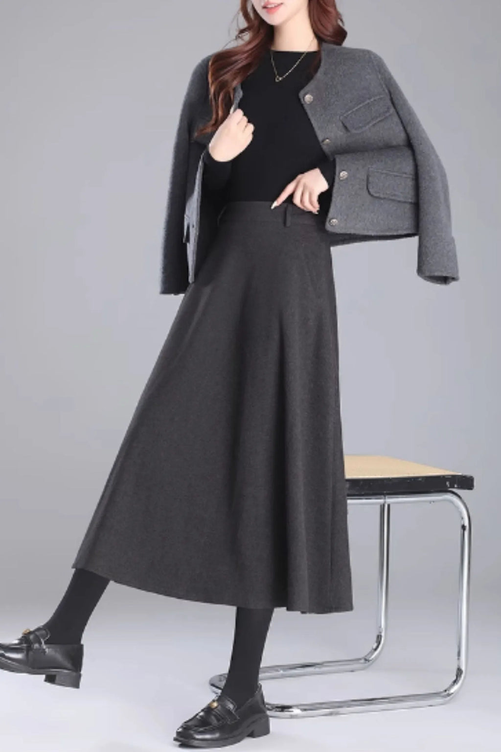 Brown Wool Midi A-Line Skirt with Pockets - Cozy Winter Style 5469