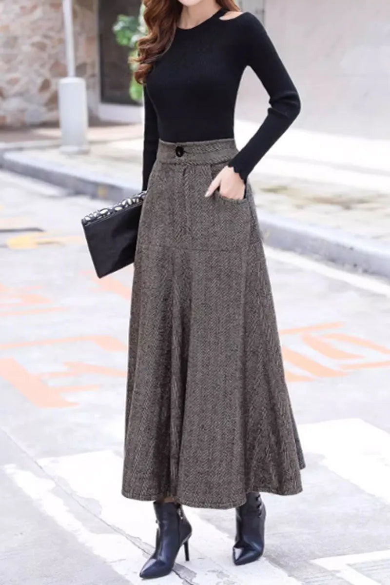 Plaid Wool Midi Skirt - A-Line with Pockets and Back Elastic Waist 4648