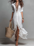 Bohemian Linen-Cotton Ruffle Hem Button-Down Maxi Shirt Dress