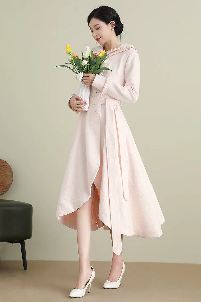 Pink Wool Coat – Women’s Hooded Asymmetrical Long Winter Coat with Belt 3901