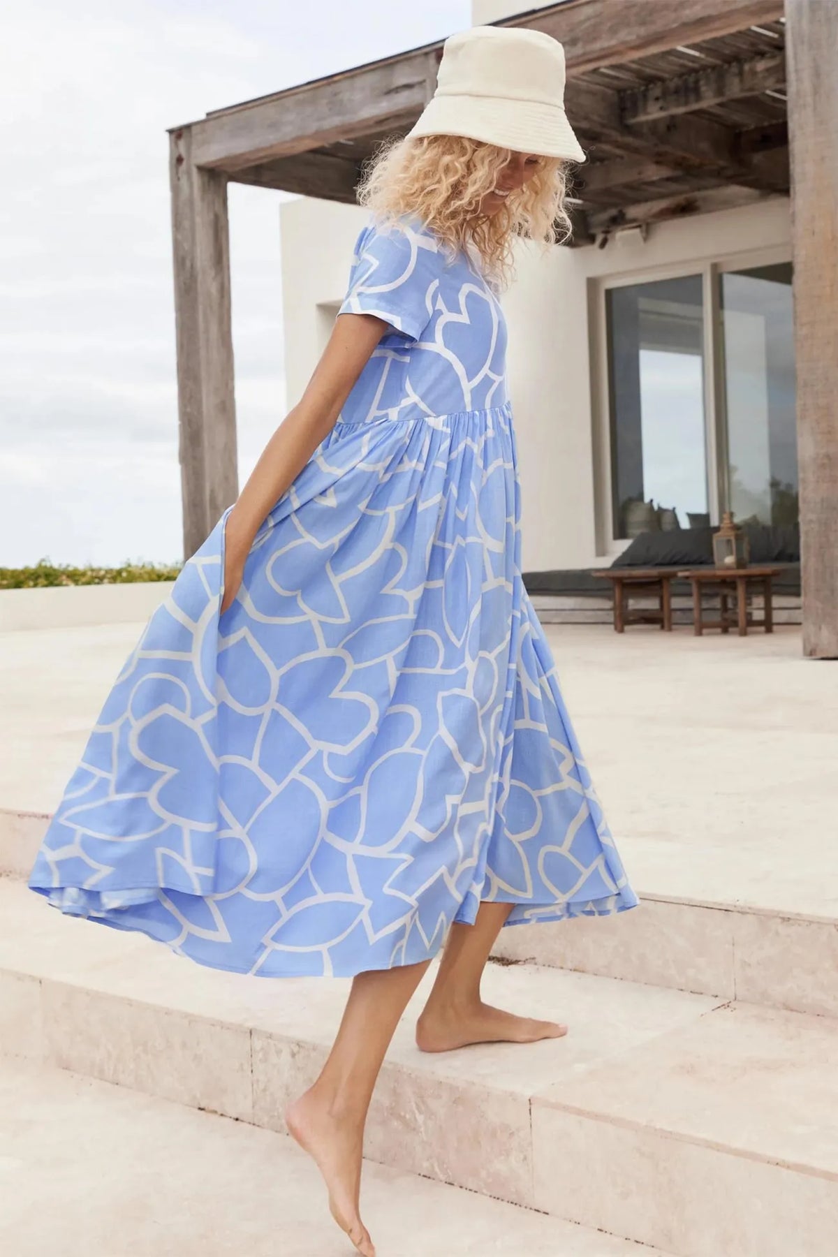High Waist Ruched Dress with Geometric Print