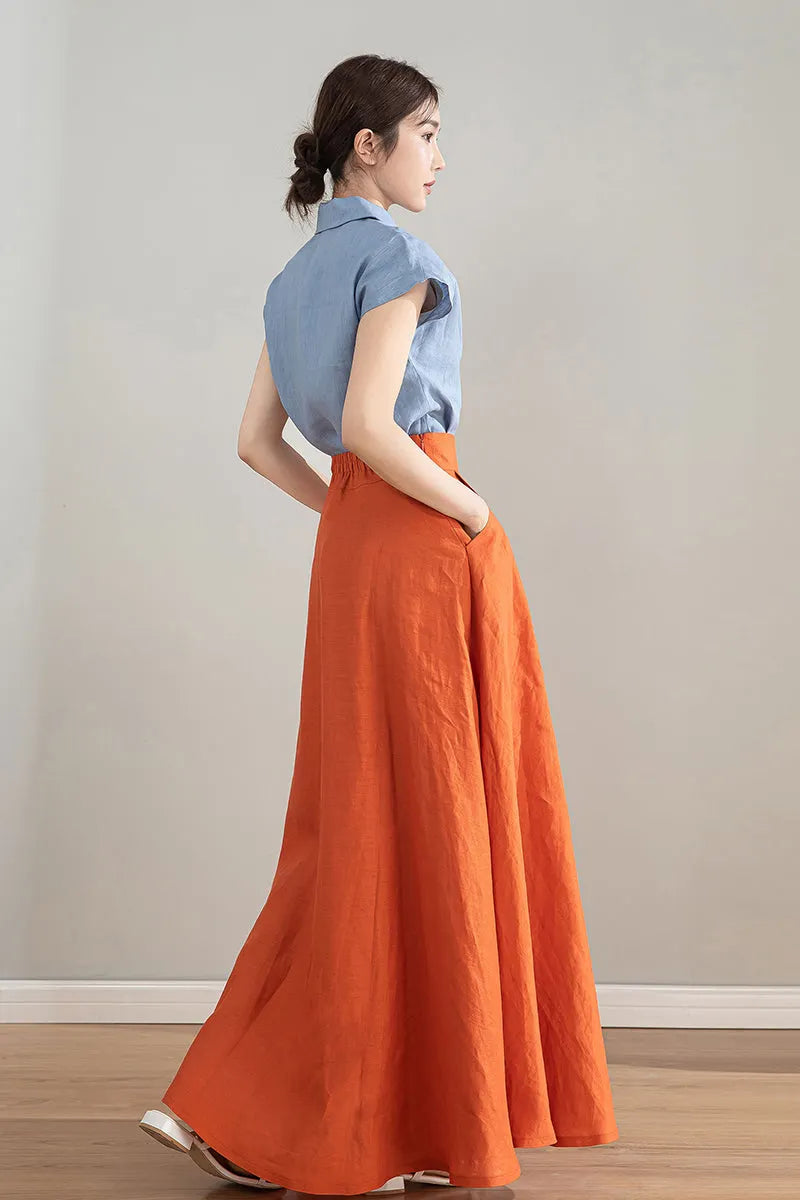 Orange Linen Skirt - High Waisted A-Line Midi Skirt 4215