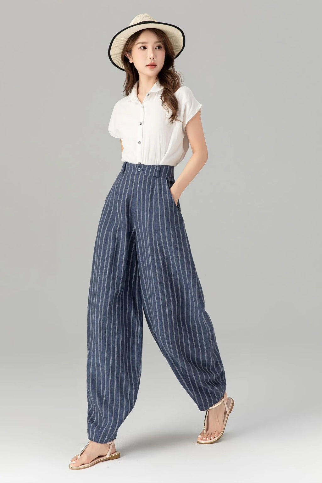 Blue Linen Pants - Plus Size Striped Ankle-Length Relaxed Fit 4939