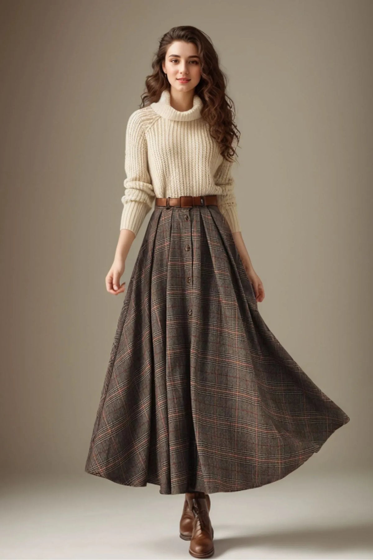 Plaid Wool Maxi Skirt – Handmade Brown Winter Full Skirt with Pockets 