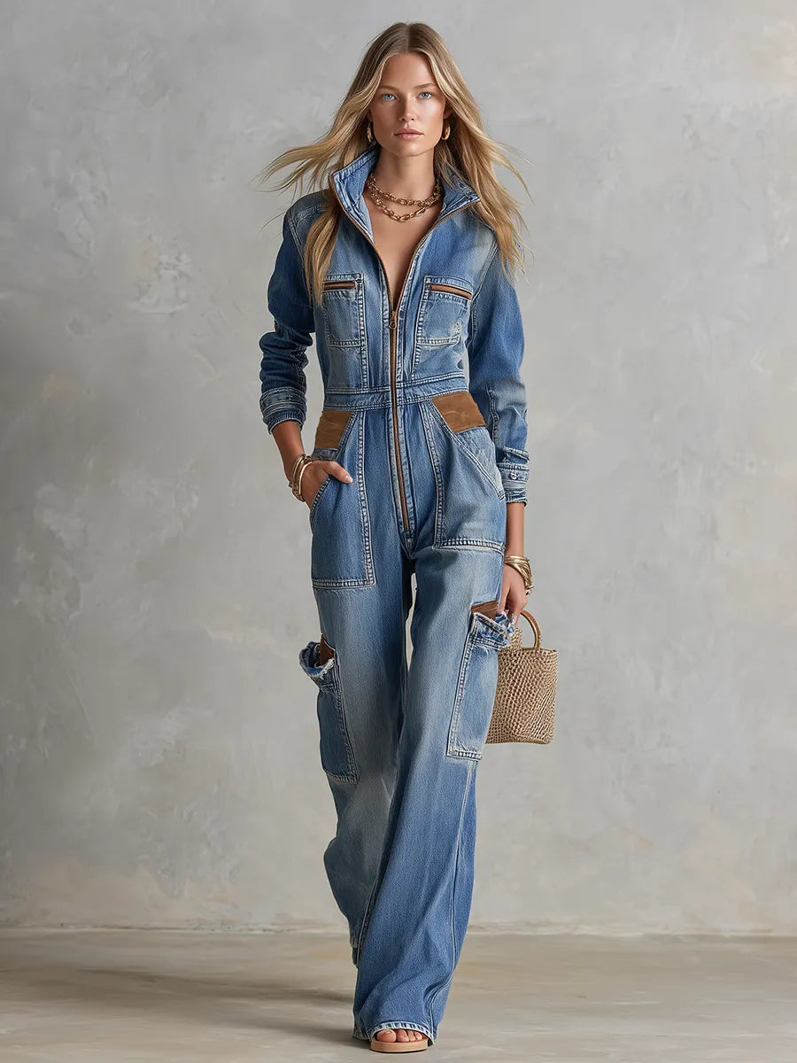Zip Front Drawstring Waist Wide Leg Coverall Blue Denim Jumpsuit