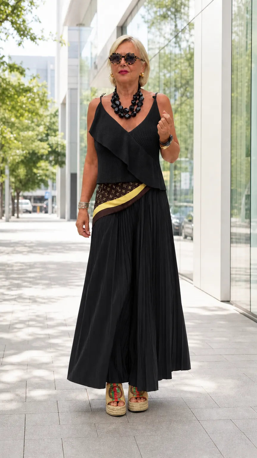 Women's Ruffle V-Neck Camisole & Pleated Wide-Leg Pants Two-Piece Set