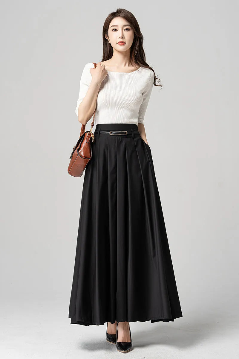 Black Polyester Pleated Maxi Skirt - Flowy Ankle Length 4189
