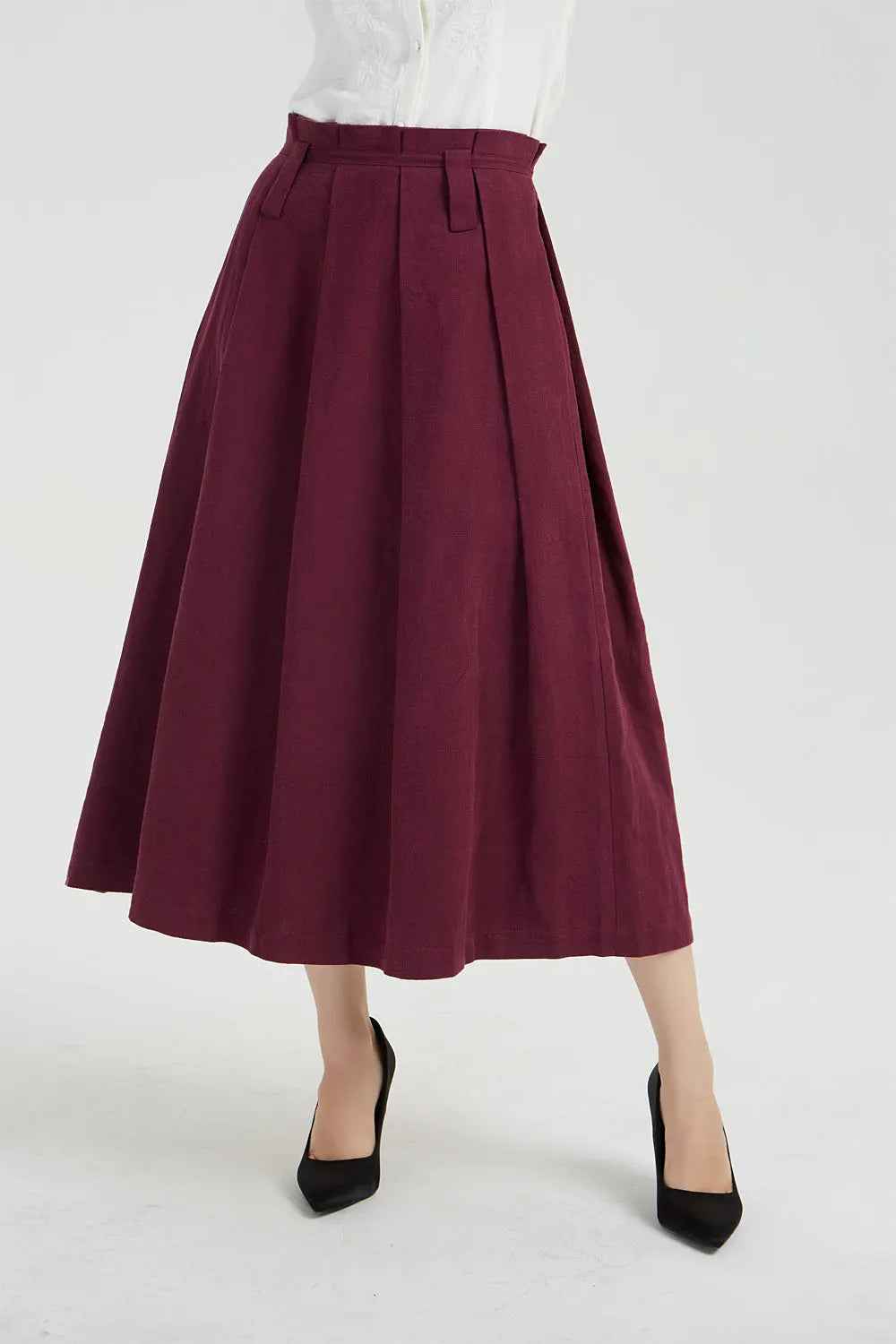 Burgundy Linen Midi Skirt - Pleated Paperbag Waist 2038