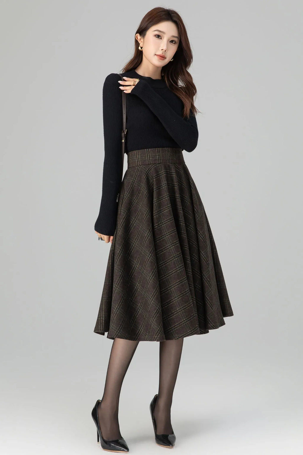 Brown Wool Midi Skirt - High-Waisted Wide Waistband Circle Silhouette 6396