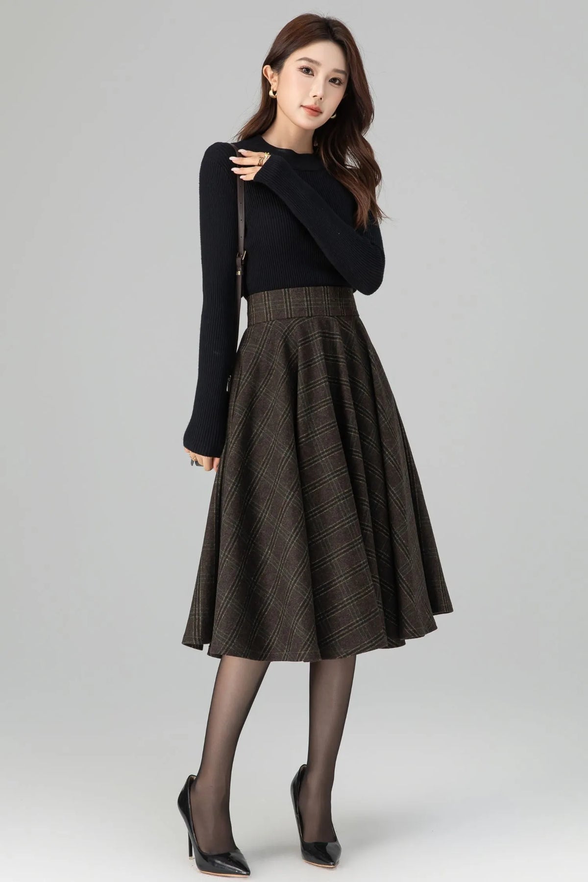 Brown Wool Midi Skirt - High-Waisted Wide Waistband Circle Silhouette 6396