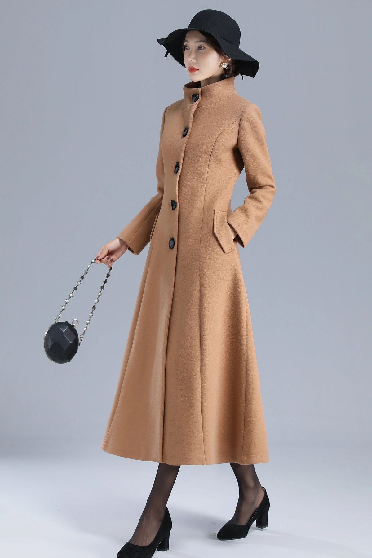 Camel Wool Blend Long Coat - Single Breasted, Stand Collar 3201