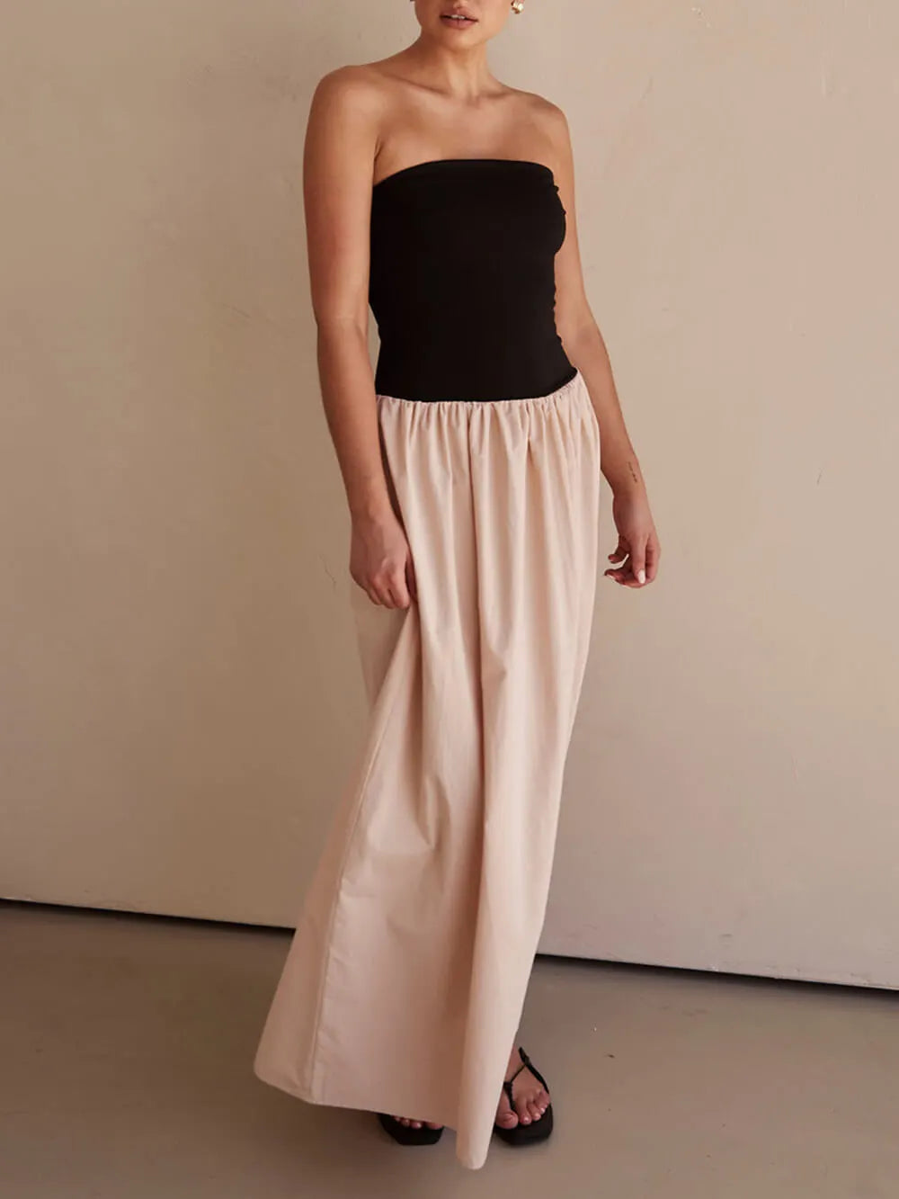 Strapless Black And Charming Sand Paneled Maxi Dress