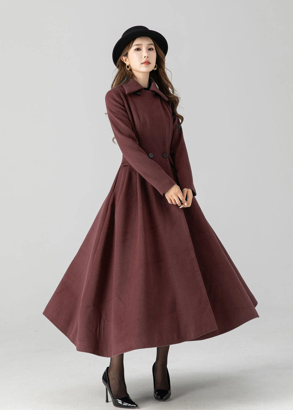 Burgundy Wool Long Coat - Vintage Inspired A-Line Swing 5506
